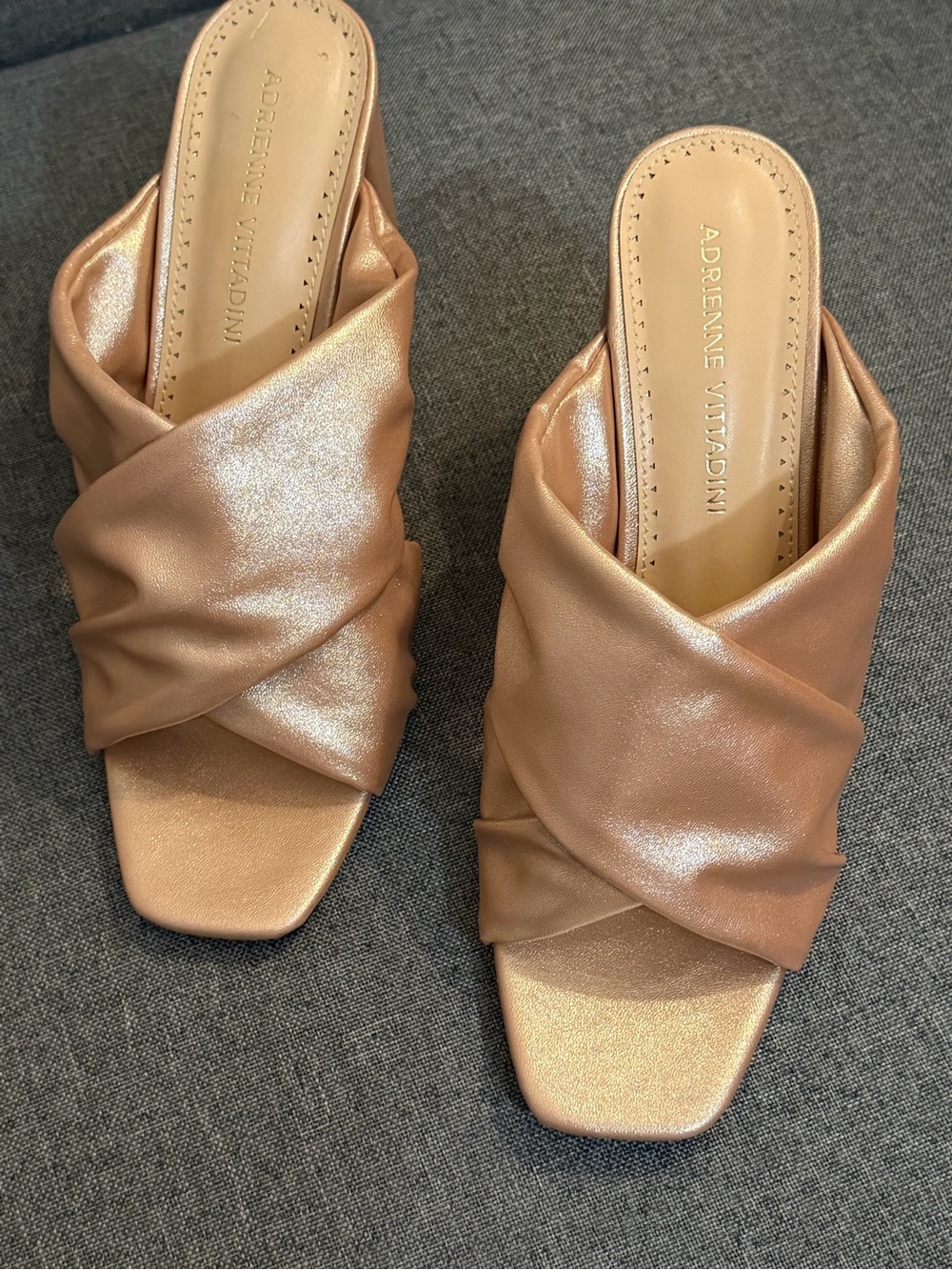 Adrienne Vittadini Metallic Rose Gold Twist Mule Sandals.